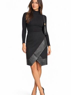 PortsPURE Black Faux Leather Asymmetrical Wrap Pencil Skirt Size 42 💛